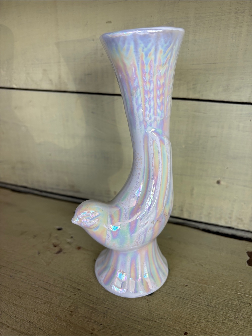 Vintage iridescent bird bud vase